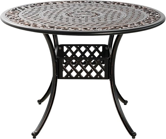 42" Round Cast Aluminum Patio Table with 4-6 Person,Outdoor Patio Dining Table with 1.7" Umbrella Hole,Metal Patio Table for Garden,Porch,Yard,Bronze