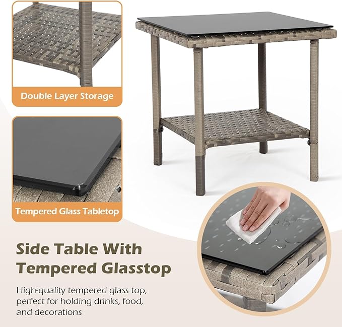 FDW 3 Piece Outdoor Furniture Set Patio Gray Wicker Chairs Furniture Bistro Conversation Set 2 Rattan Chairs with Khaki Cushions and Glass Coffee Table for Porch Lawn Garden Balcony Backyard