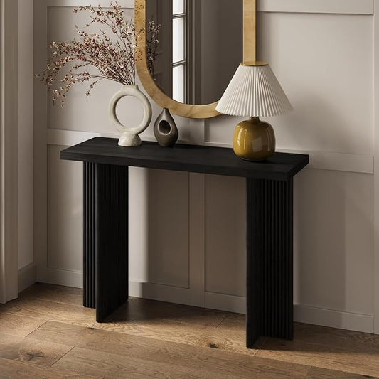 Fluted Console Table - Small Entry Desk for Narrow Spaces - Modern, Mid-Century Home Decor - Living Room Furniture - Solid Wood Entryway Table - Fluted Cross Bass and Rectangular Top (Black)
