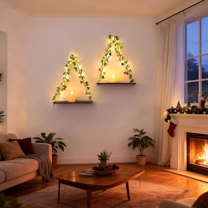 Floating Shelves for Wall, Hanging Shelves with Artificial Ivy LED String Light, No Drilling Hanging Shelf, Wood Hanging Plant Shelves for Wall Décor, Boho Decor, Art Bedroom, Set of 2
