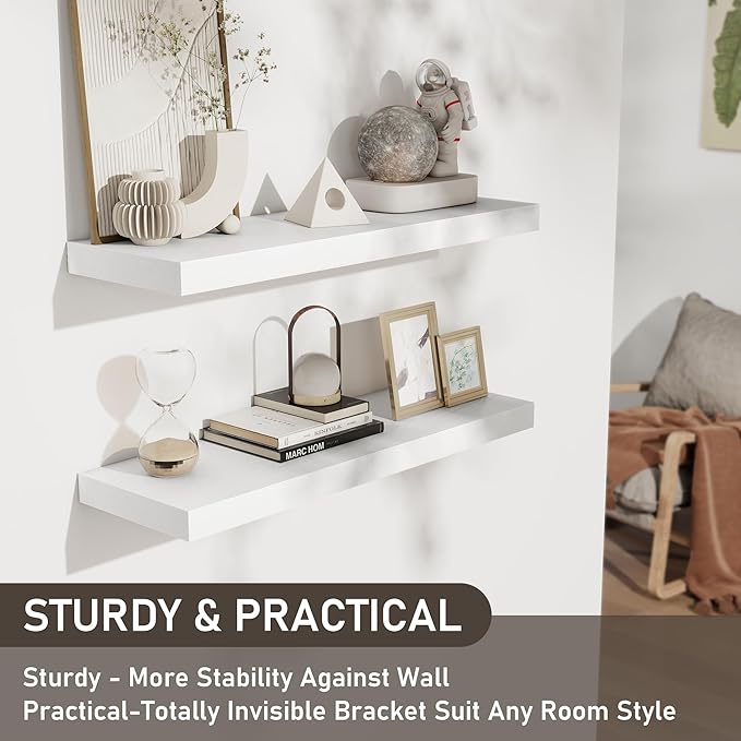Fun Memories Floating Shelves - 2 Pack 30 Inch Long Rustic Wooden Wall Shelves - 8 Inch Deep Wall Mounted Storage Shelf with Invisible Heavy-Duty Brackets for Books, Bathroom, Kitchen - White