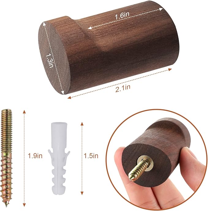 Wood Wall Hooks 6 Pack, Natural Wooden Coat Hooks Wall Mounted, Handmade Rustic Hat Hooks Heavy Duty Entryway Wall Hangers for Hanging Towels, Clothes, Bags (Black Walnut Wood)