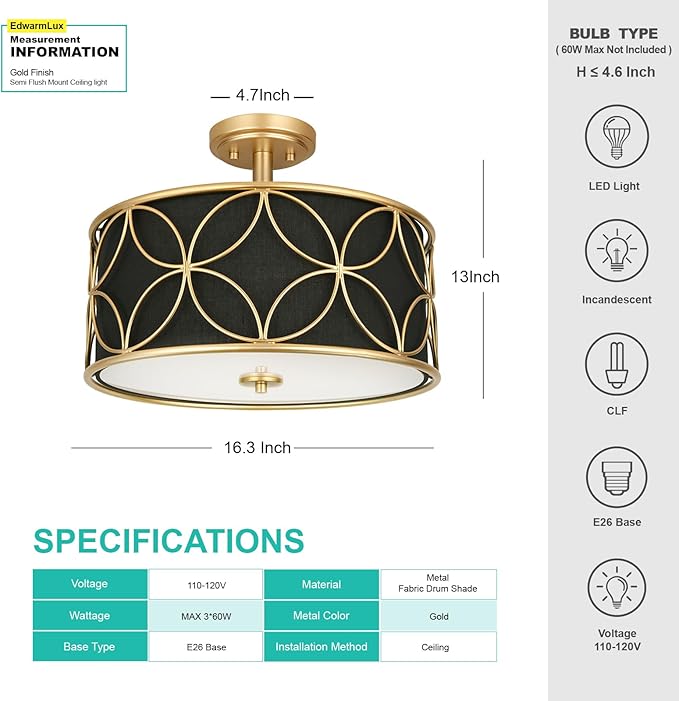 3-Light Semi Flush Mount Ceiling Light, 16" Drum Light with Fabric Shade, Modern Close to Ceiling Lamp for Living Room Bedroom Dining Room Kitchen Hallway Entry Foyer (Black Gold)
