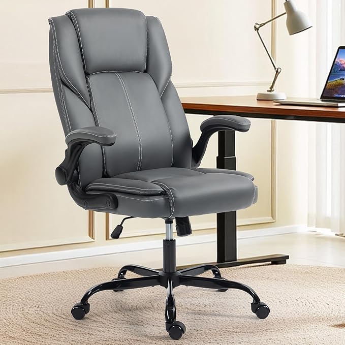 Office Chair - Executive Leather High Back Office Desk Chair with Rocking Function - Ergonomic Breathable Comfortable Wide Swivel Rolling Gaming Computer Chair with Flip-up Armrests & Lumbar Support
