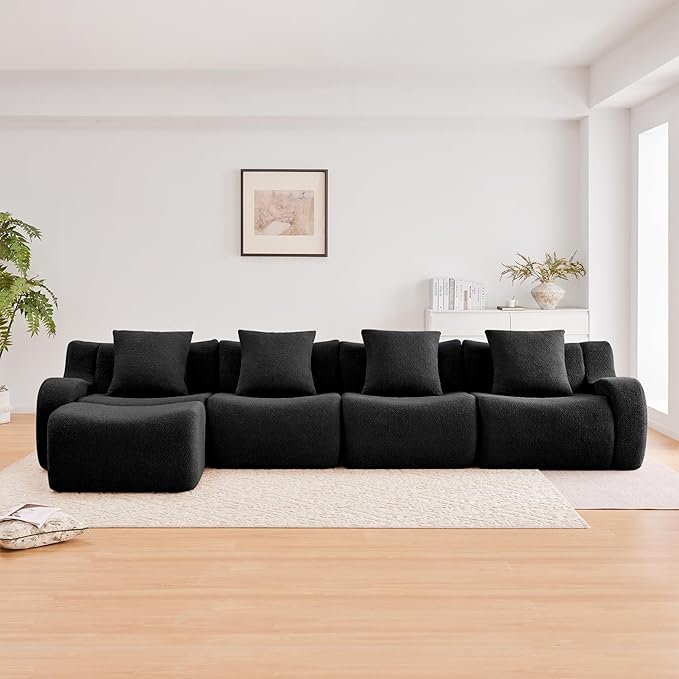 Black L-Shaped Cloud Couch with 1 Ottoman, Modern Teddy Fabric Boneless Sectional Sofa in a Box, Modular Floor Sofa for Living Room, Deep Seat, No Assembly Required, Sofas para Sala
