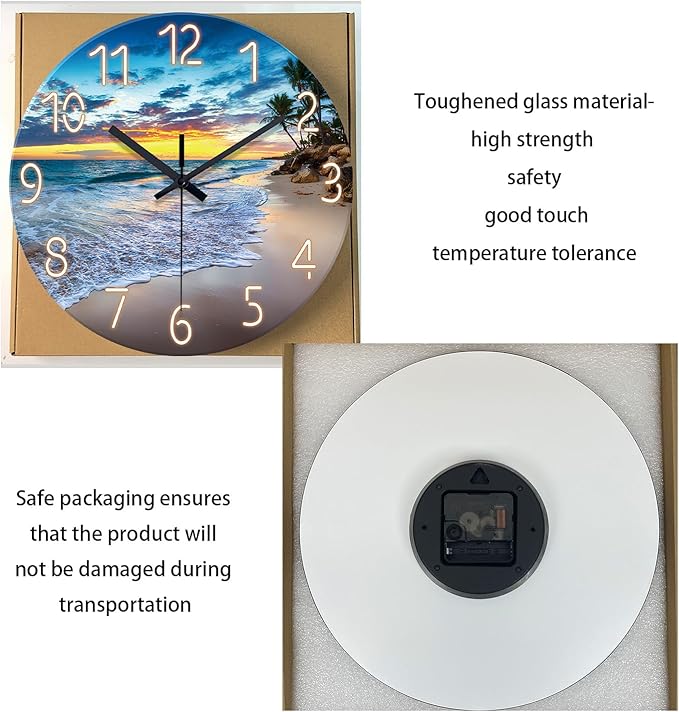 Glass Beach Wall Clocks Battery Operated 16 Inches or Larger Analog Wall Clock Silent Non Ticking Blue Wall Clock for Living Room