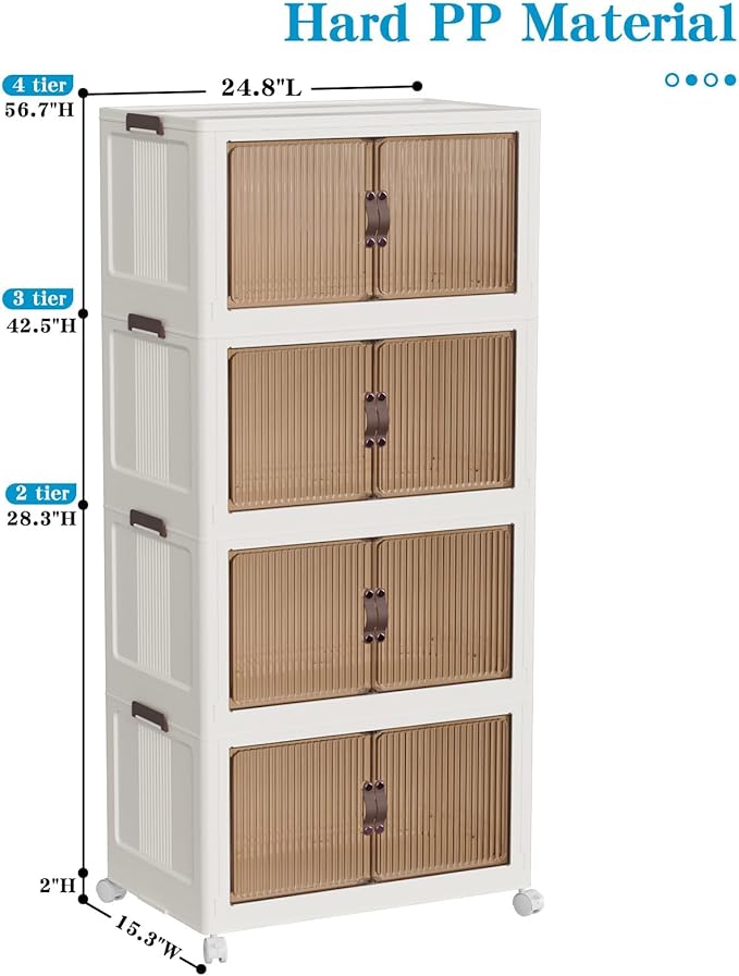 CTSNSLH 4 Tier Plastic Storage Bins with Lid 102QT, Stackable Storage Containers with Wheels, Folding Storage Boxes, Stackable Storage Bins, Closet Organizers and Storage