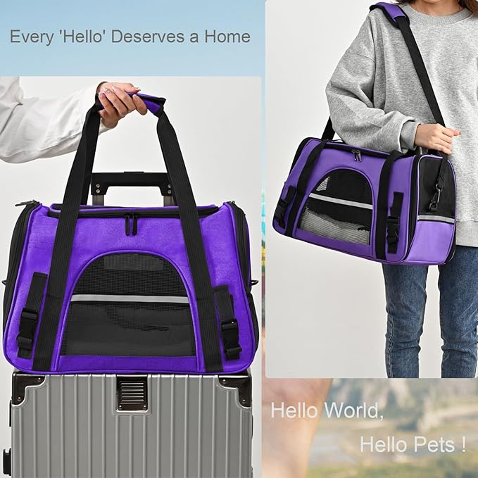 Dog Cat Carrier Soft for Small Pet Up to 16 Lbs TSA Airline Approved Travel Carrier Collapsible Puppy Car Mesh Bag 17.5 * 10.2 * 11.4 inch - Purple