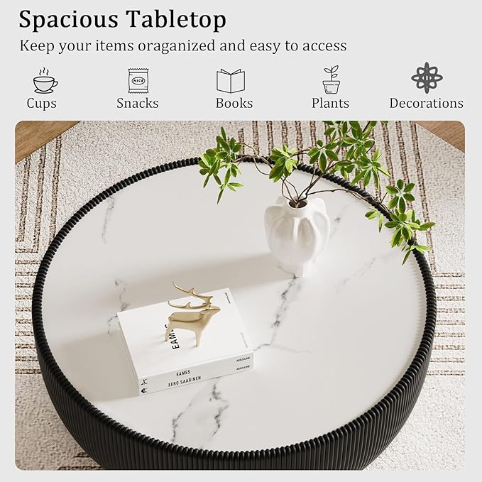 Black Round Coffee Table with Sintered Stone Tabletop, 27.56" Drum Coffee Table with Fluted PU Leather Covered and Metal Base, Circle Cocktail Tea Table for Living Room