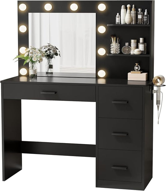 YESHOMY Vanity Desk with Mirror, 10 Lights, Power Outlet and 3 Storage Shelves, Makeup Table with 4 Drawers, 3 Color Modes, for Bedroom, Pure Black