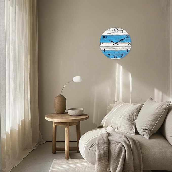 XNM Small Wood Wall Clocks Battery Operated 12 Inch Blue and White Nautical Wall Clock for Bedroom Silent Wall Clock (No Solid Wood, It is with MDF Material)