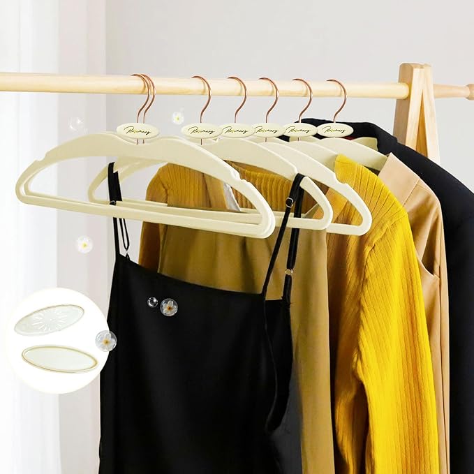 ManGotree Velvet Coat Hangers with Empty Aromatherapy Boxes, Non-Slip Short Neck Hangers, Ultra-Thin Space Saving Suit Hanger for Jacket, Shirt, Dress, Pants (22 Pack, Light Yellow)