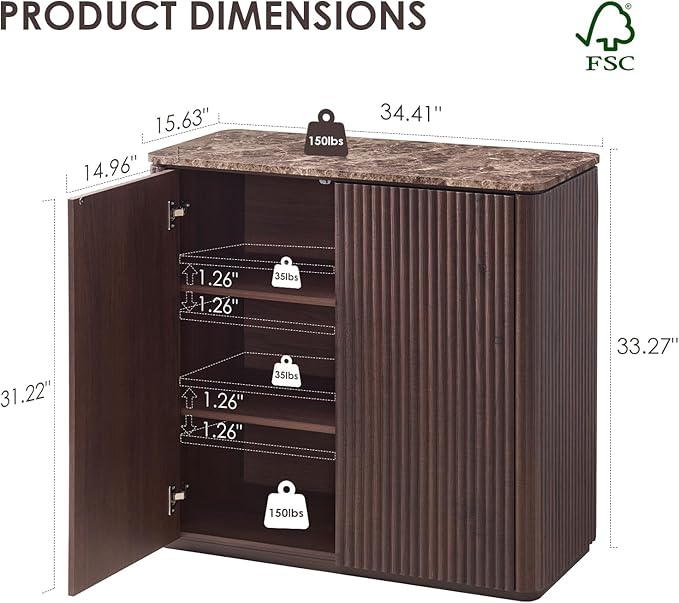 Fluted 2 Doors Sideboard Cabinet with Storage-Wooden Credenza w/Shelves, Faux Marble-Top Coffee Bar Console Table, Modern Buffet Cabinet for Dining, Kitchen, Living Room, Entryway, Dark Oak, 1pcs