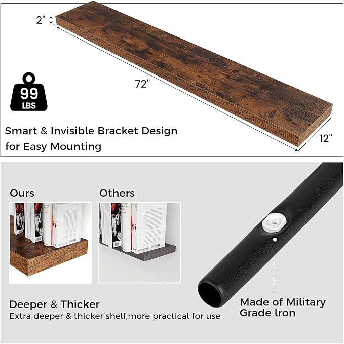 Floating Shelves for Wall, 72 Inch Wide x 12 Inch Deep Floating Shelves, Long Wood Floating Wall Shelf Shelves for Living Room Bathroom Bedroom Kitchen Home - (Brown, 72" W x 12" D x 2" H)