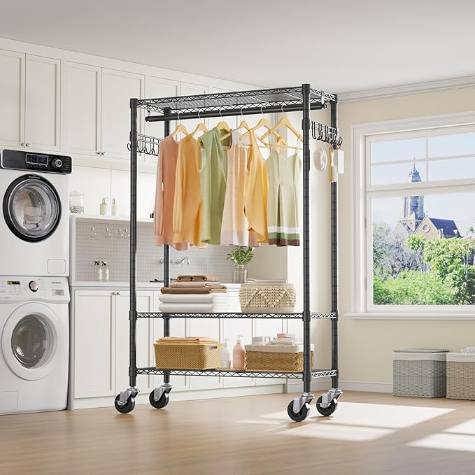 VIPEK R3 Heavy Duty Garment Rack with Lockable Wheels, Portable Rolling Closet with Adjustable Shelves & Hanging Rod & Side Hooks, Compact Space-Saving Storage for Small Apartments/Dorms (Black)