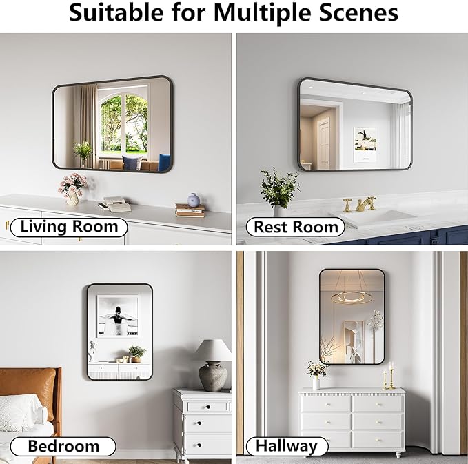 Koonmi Bathroom Mirror, 26X38 Brushed Black Rectangle Wall Mirror, HD Tempered Glass, Anti-Rust Frame Vanity Mirror, Rounded Rectangle Mirror for Restroom, Bedroom, Hangs Horizontal or Vertical