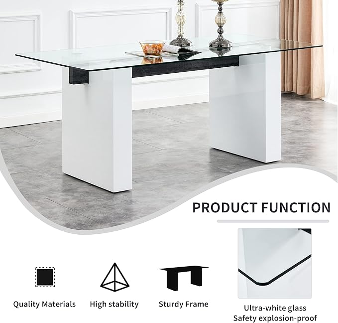 Modern Glass Dining Table for 6-8, Rectangular Glass Kitchen Table with Tempered Glass Tabletop and and Large White Table Legs for Kitchen Dining Room(White)