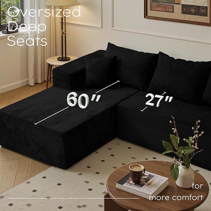 Black Sectional Couches for Living Room, Boneless Couch with L-Shape Chaise, Modular Sofa in Box with Deep Seat, No Assembly Required
