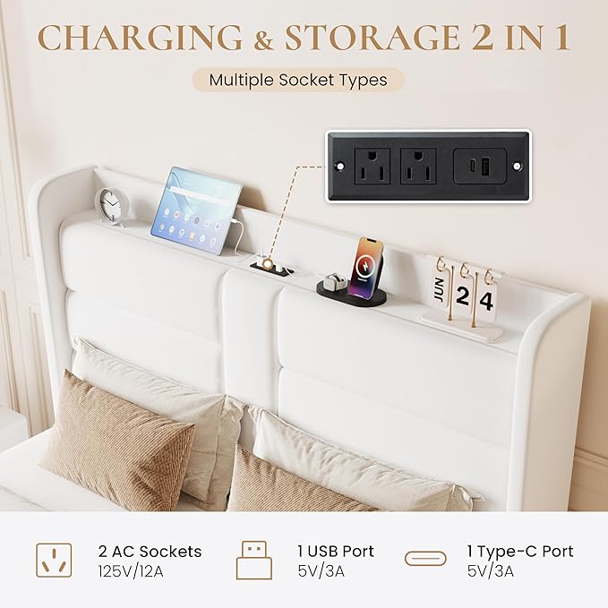 SHA CERLIN Full Size Bed Frame with Charging Station & Storage Headboard, Velvet Platform Bed with Upholstered Modern Wingback Design, Wooden Slats Support, No Box Spring Needed, Easy Assembly, White