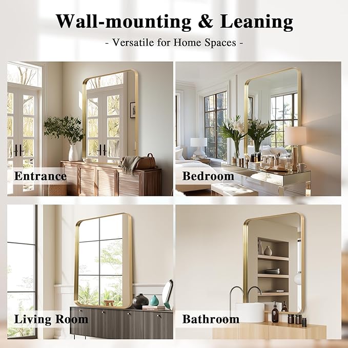 Wall Mirror 30" x 40" for Bathroom Gold Metal Deep Frame Rectangular Round Corner Wall Mounted Vanity Mirror for Bedroom Living Room Entryway Wall Decor