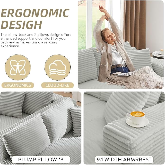 Modular Cloud Sectional Couch with L-Shape Chaise,Modern Upholstered Couches with Deep Seat,Corduroy Sponge Compressed Sofa for Living Room, Bedroom,No Assembly Required(Light Gray)