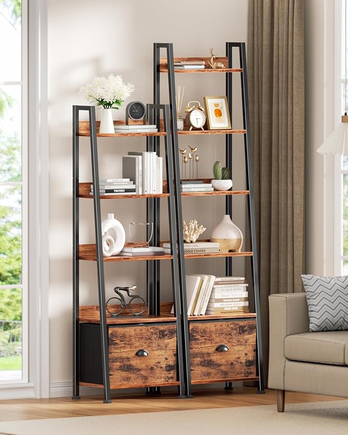 Furologee 6 Tier Ladder Shelf,Ladder Bookshelf with Drawer,Industrial Tall Bookcase,Storage Rack Organizer,Wood Metal Freestanding Shelves for Living Room, Home Office, Bedroom,Rustic Brown