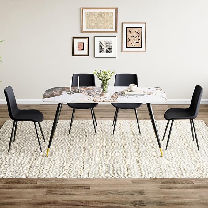 Modern Dining Table Set for 4, 62'' Sintered Stone Table, 4 Chairs, Easy to Assemble