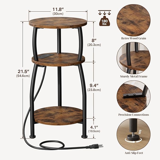 Round Side Table with Power Outlet & USB Ports, 3-Tier End Table with Storage Shelf, Modern Rustic Nightstand, Small Spaces Accent Table for Living Room Bedroom, Easy Assembly, Rustic Brown