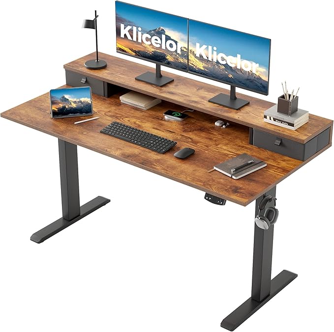 Klicelor 55 Inch Electric Standing Desk with Drawers, Adjustable Height Small Sit Stand Desk for Home Office, Compact Computer Workstation with Storage– Rustic Brown