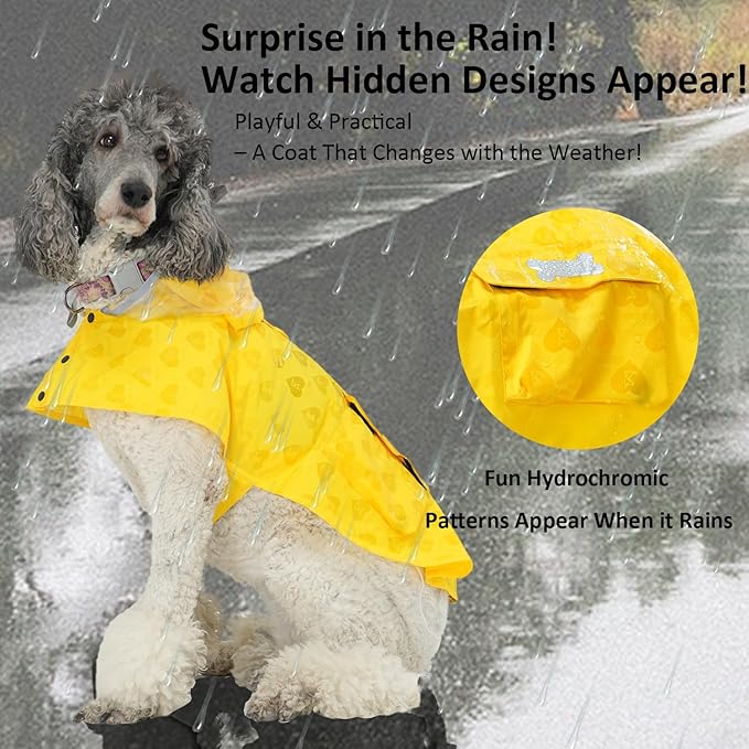 Waterproof Dog Raincoat, Adjustable Reflective Lightweight Pet Rain Clothes with Poncho Hood (Yellow(Water-Activated Color Change), X-Small)