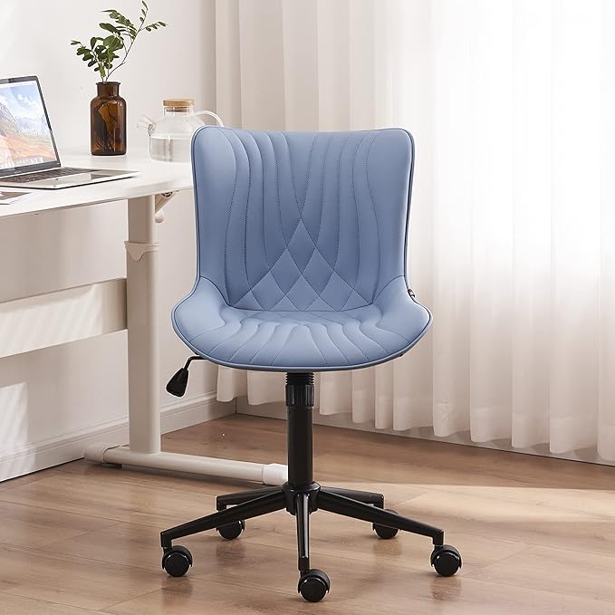 YOUNIKE Office Chair, Adjustable Swivel Armless Desk Chair with Wheels, Aesthetic Home Office Computer Task Chairs, Modern Faux Leather Upholstered Vanity Chair with Back, Blue