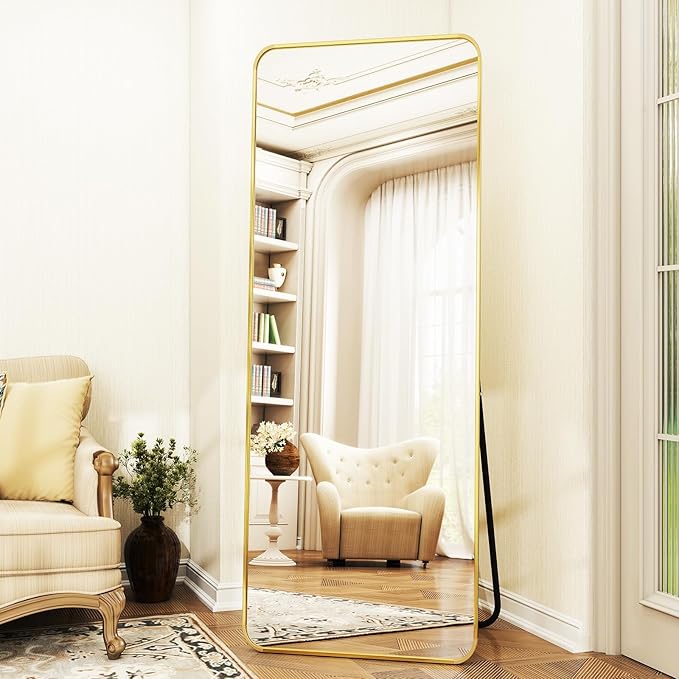 Full Length Mirror 23"x66", Large Floor Mirror with Rectangle Rounded Corners, Gold Aluminum Alloy Frame, Wall Mirror for Full Body