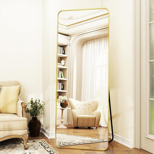 Full Length Mirror 23"x66", Large Floor Mirror with Rectangle Rounded Corners, Gold Aluminum Alloy Frame, Wall Mirror for Full Body