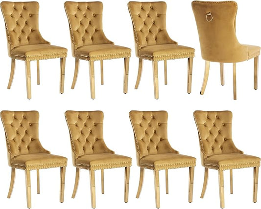 Luxury Upholstered Dining Chairs Set of 8, Yellow Kitchen Chair with Golden Metal Legs, Velvet Tufted Back Dining Chair, Sillas de Comedor, Modern Kitchen & Dining Room Chairs (Gold, 8 Pcs)