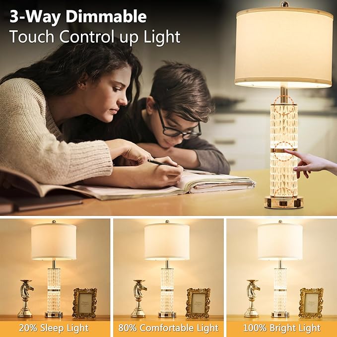 Crystal Table Lamps Modern 3-Way Dimmable Bedside Lamp with 2 USB Ports & AC Outlets for Living Room Bedroom Nightstand Lamp Night Light