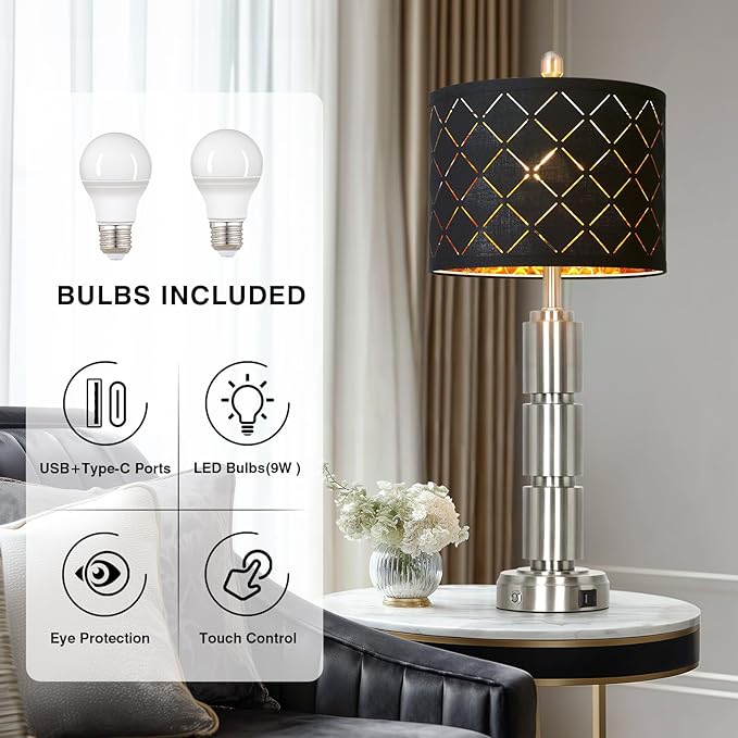 Set of 2 Modern Table Lamps for Living Room Bedroom,29" Tall Bedside Lamp with 2 USB Port,Silver Metal Touch Nightstand Lamp for Desk End Side Table Entryway,Silver