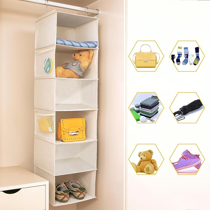 6 Shelves Hanging Closet Organizer, 2 Pack Hanging Storage with 4 Side Pockets for Clothes Shoes, 43.5"x12"x12"(Beige)