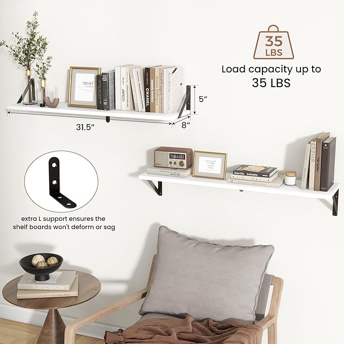 Axeman White Floating Shelves for Wall 32 Inch | 31.5W x 8D Rustic Floating Shelves Set of 2 | 8 Inch Deep Long Wall Shelves for Bathroom Kitchen Living Room | Bookshelf Display Shelves