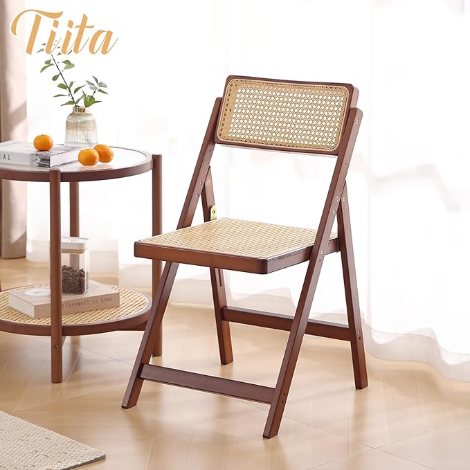 Tiita Rattan Dining Chairs Set of 1, Mid Century Modern Folding Chair, Bamboo Folding Dining Chairs for Small Space, Dining Room, Living Room, Bedroom, Walnut
