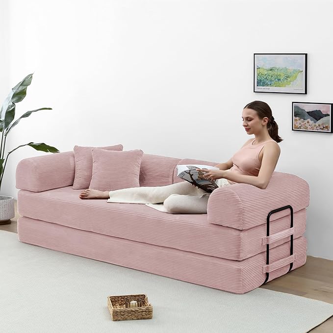 Compression Sofa - 79'' Convertible Sofa Bed, Boneless Couch in a Box, Modular Corduroy Foldable Sleeper Sofa with 2 Pillows, Loveseat Couches for Living Room (Corduroy Fabric, Pink)