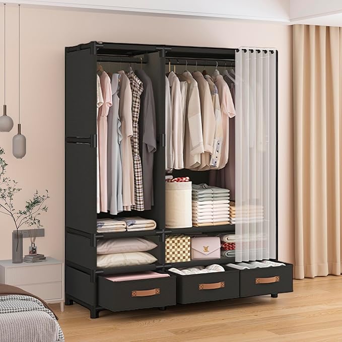Portable Closet,Portable Closets for Hanging Clothes,Japanese Style Garment Rack Clothing Rack with 3 Drawers,1 Hanging Rods and 2 Storage Shelves,43.3" L x 17.7" W x 65.1" H,Black