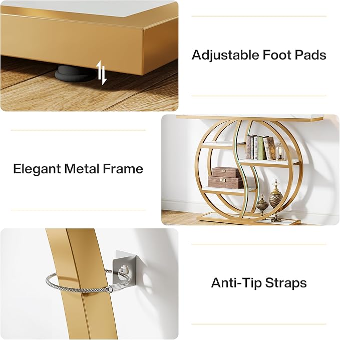 Tribesigns 47.24" Industrial Console Table, 5-Tier Entryway Table with Adjustable Feet, Narrow Long Sofa Table with Storage Shelves for Living Room, Hallway, Behind Couch, Anti-Tip Design (White Gold)