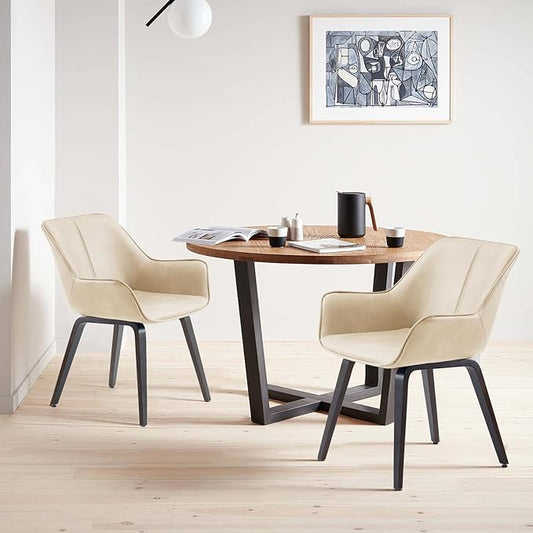Upholstered Dining Chairs Set of 2, 4 & 6 - Faux Leather Accent, Living & Kitchen Dining Chairs - Comfortable Reading/Arm Chairs - Mid Century Modern Style (Beige, 2)