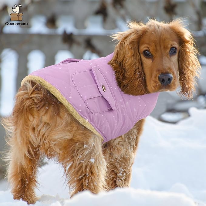Queenmore Warm Dog Coat, Cold Weather Puffer Dog Coat Vest, Quilting Winter Pet Jacket Ultra Thick Plush Fleece Lining Pet Clothes for Dogs with Storage Pockets (Lilac, Small)