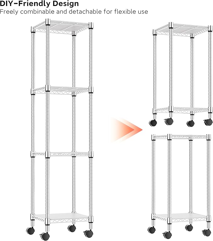 IZEUK 4 Tier Steel Storage Shelves, Adjustable Wire Shelving Unit for Kitchen, Bathroom, or Office Organization, Heavy Duty Metal Rack, 11.8" D x 11.8" W x 48.1" H, Chrome