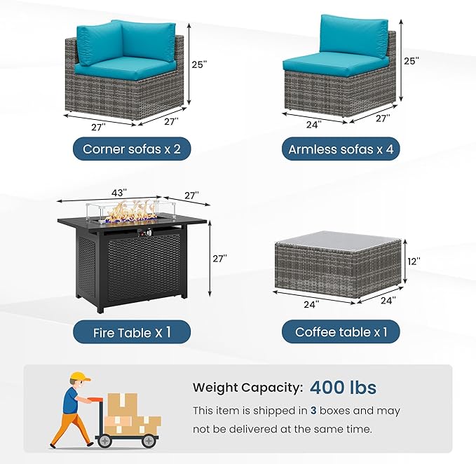 8 Pieces Outdoor Patio Furniture Set with 43" Fire Pit Table, Wicker Outdoor Patio Sectional Sofas with Cushions and Coffee Table, All-Weather Patio Conversation Set for Garden Backyard, Light Blue