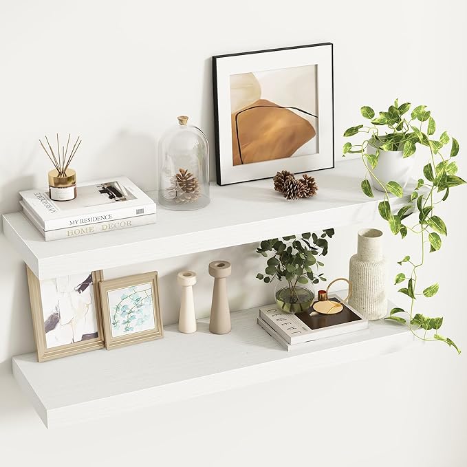 Fun Memories 36Inch Floating Shelves, 9.3Inch Deep Rustic Wall Shelves - Extra Deeper & Thicker Wall Mounted Storage Shelf for Kitchen, Farmhouse - Set of 2 - Rustic White