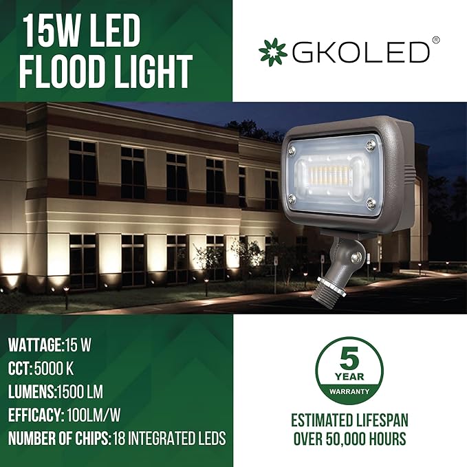 GKOLED 15W LED Floodlight, Outdoor Security Fixture, Waterproof, 1500 Lumens, 50W MH Equivalent, 5000K Daylight White, 120-277V, UL-Listed