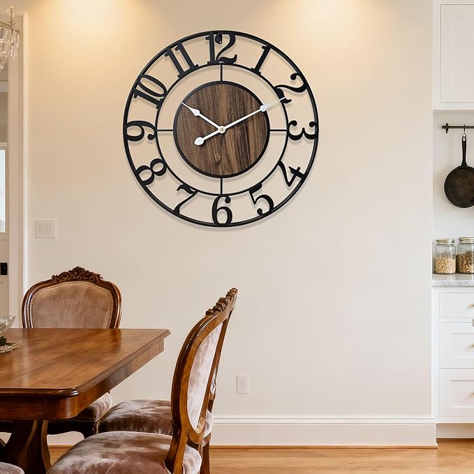 Large Metal Wall Clock, 30 Inch Retro Decorative Silent, Non Ticking, Battery Operated Modern Big Wood Wall Clock for Living Room, Farmhouse, Bedroom, Fireplace, Kitchen, Office, Home Decor