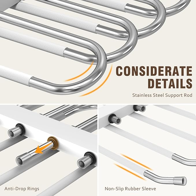 Space Saving 6 Tier Pant Hangers, Anti-Slip, Lightweight, Stainless Steel, 2 Pack, White